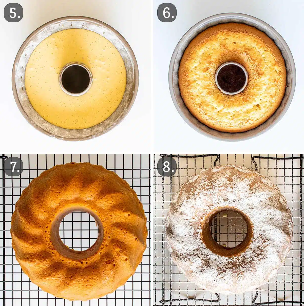 process shots showing how to finish making vanilla bundt cake.