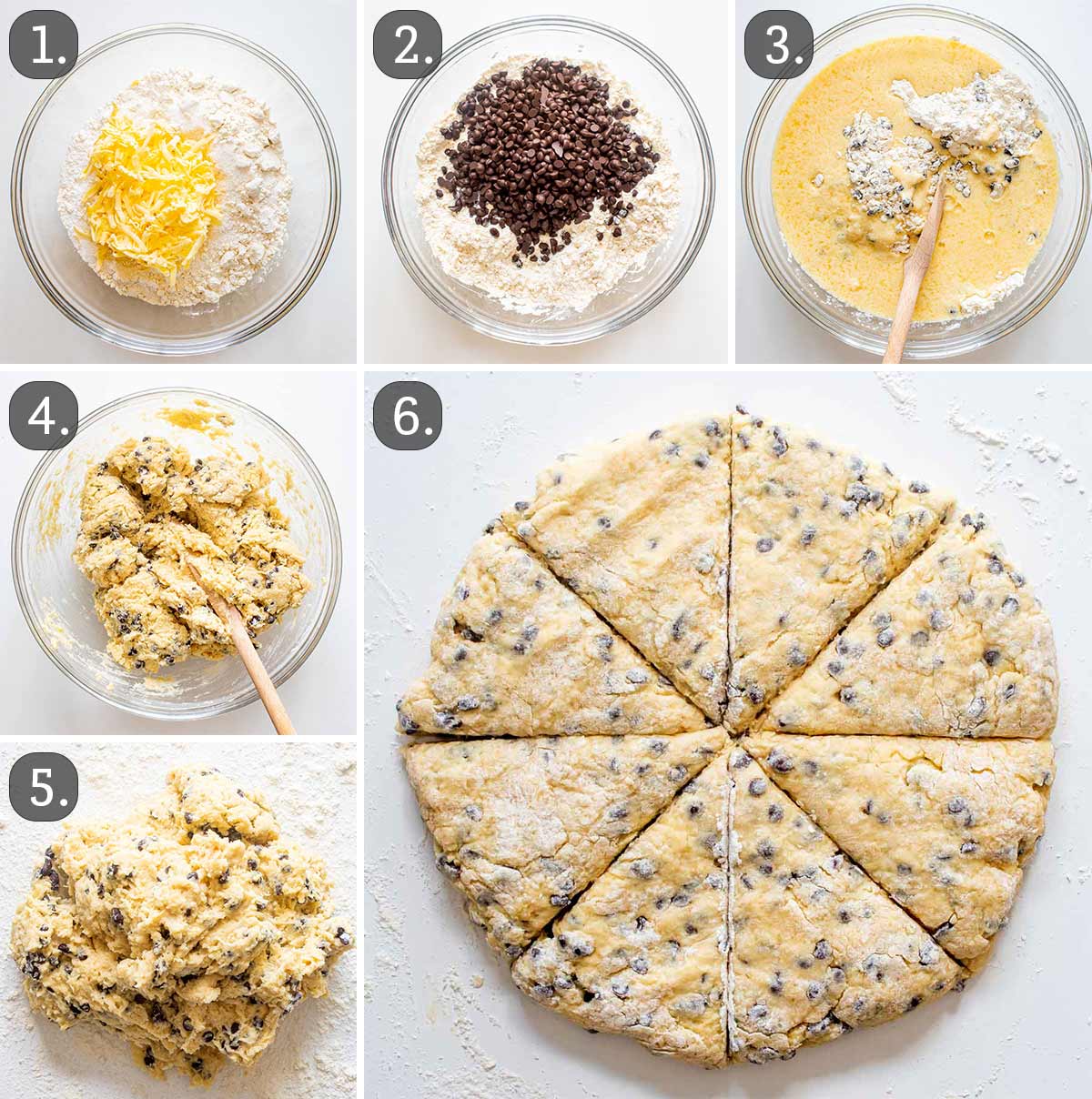 process shots showing how to make chocolate chip scones.