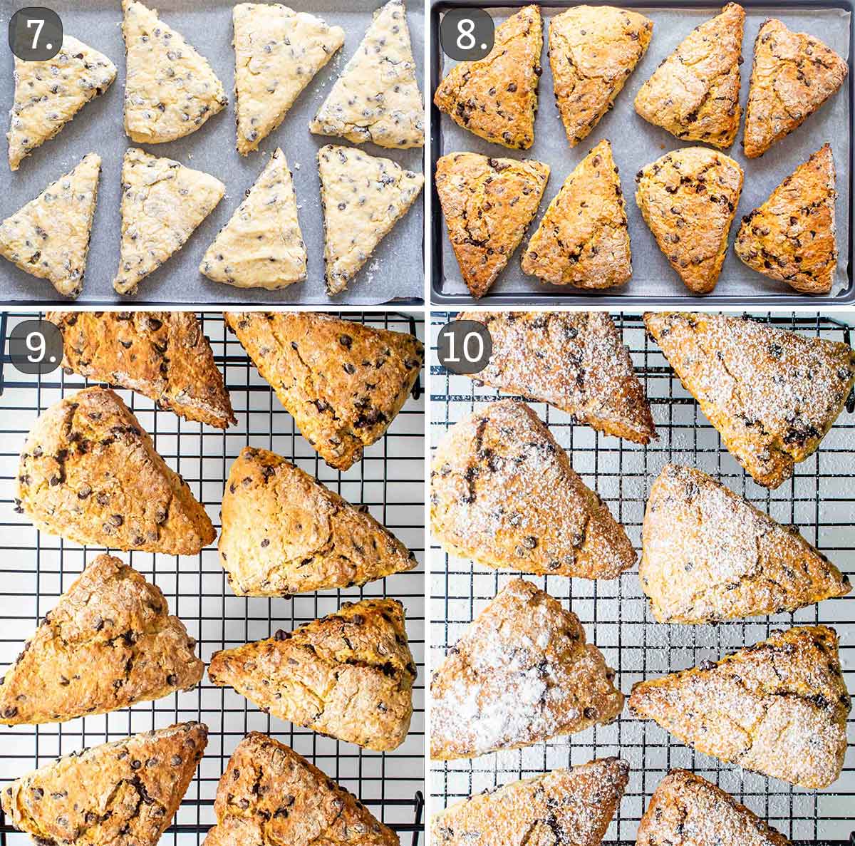 process shots showing how to bake and cool chocolate chip scones.
