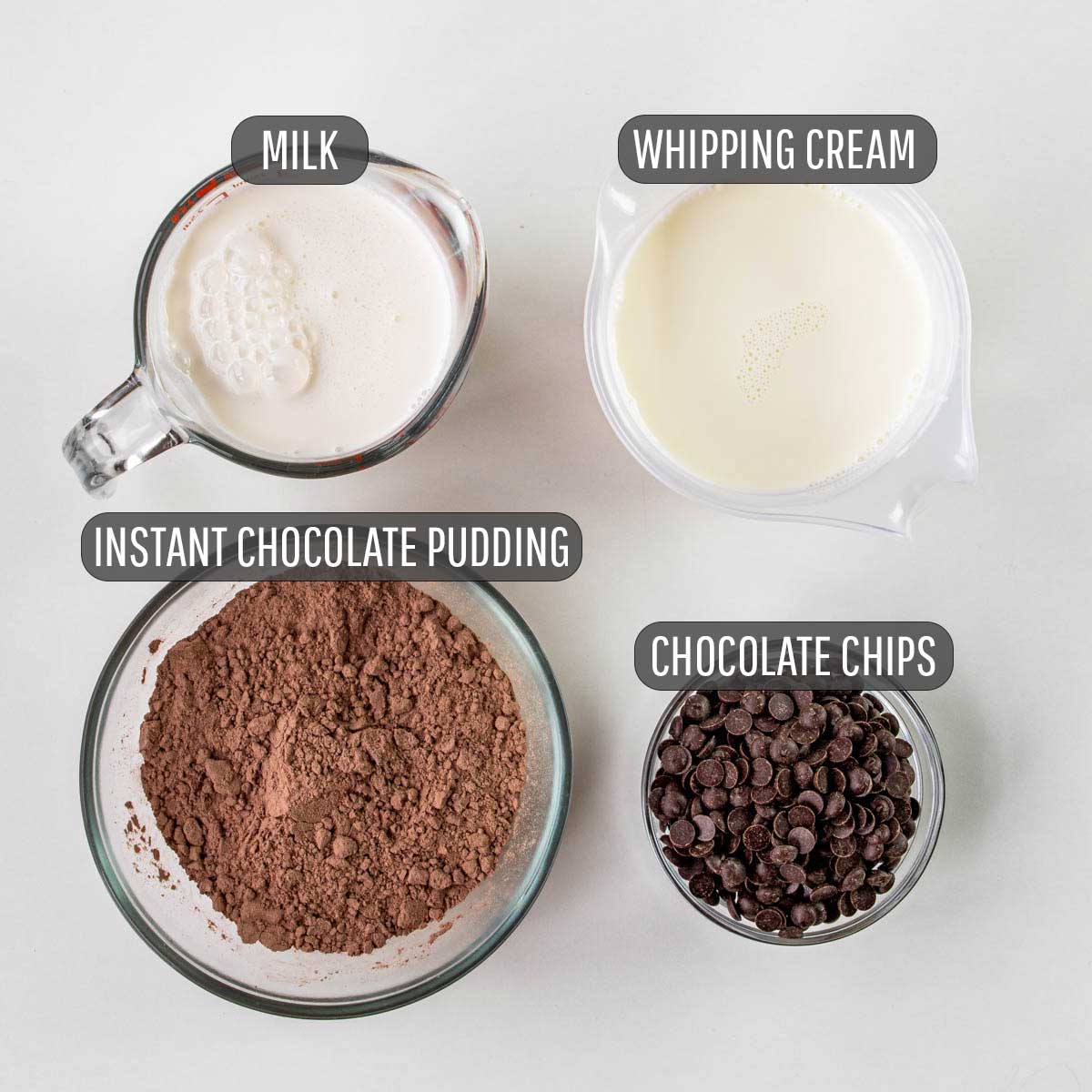 ingredients needed to make chocolate pudding.