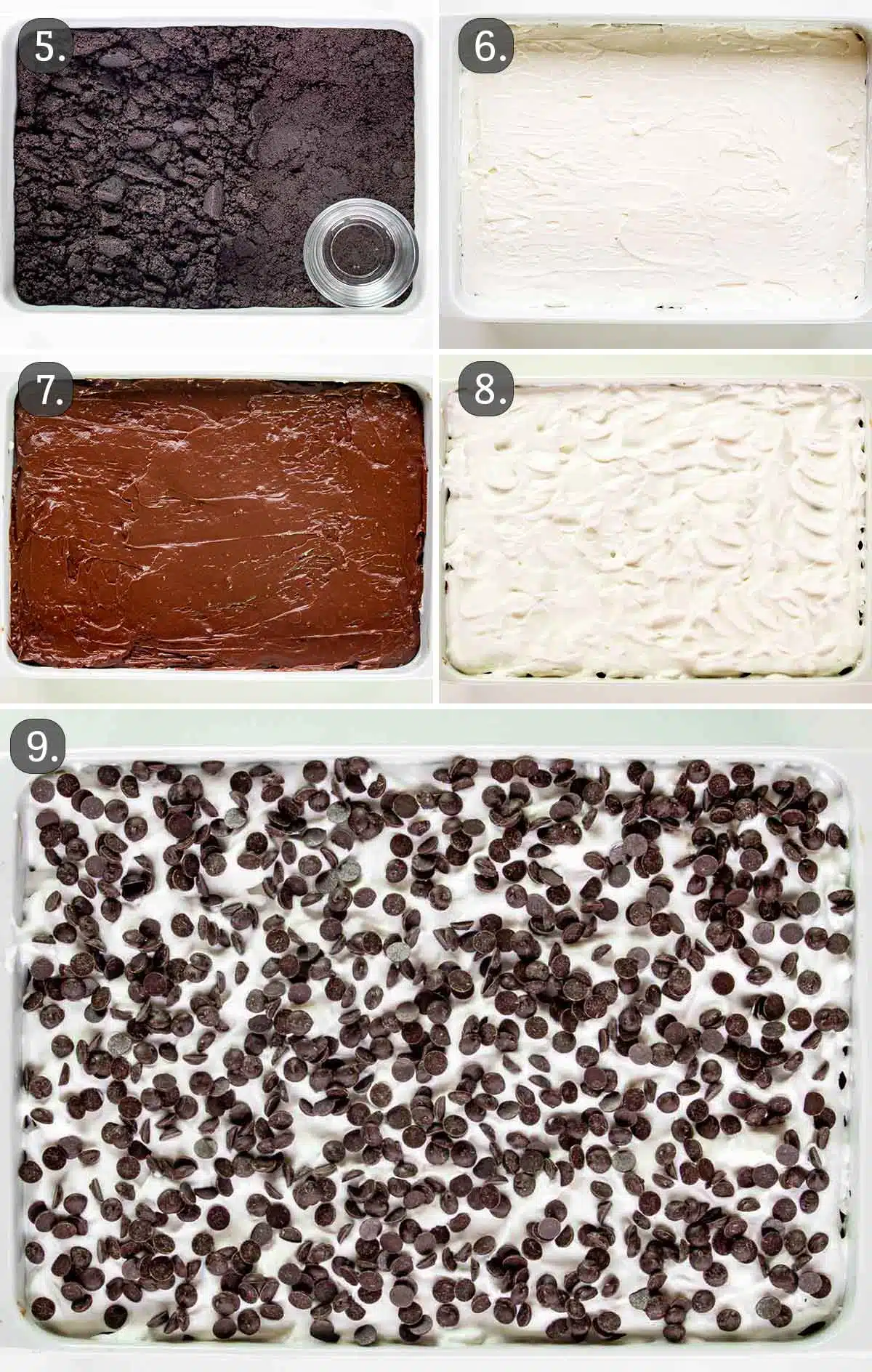 process shots showing how to assemble chocolate lasagna.