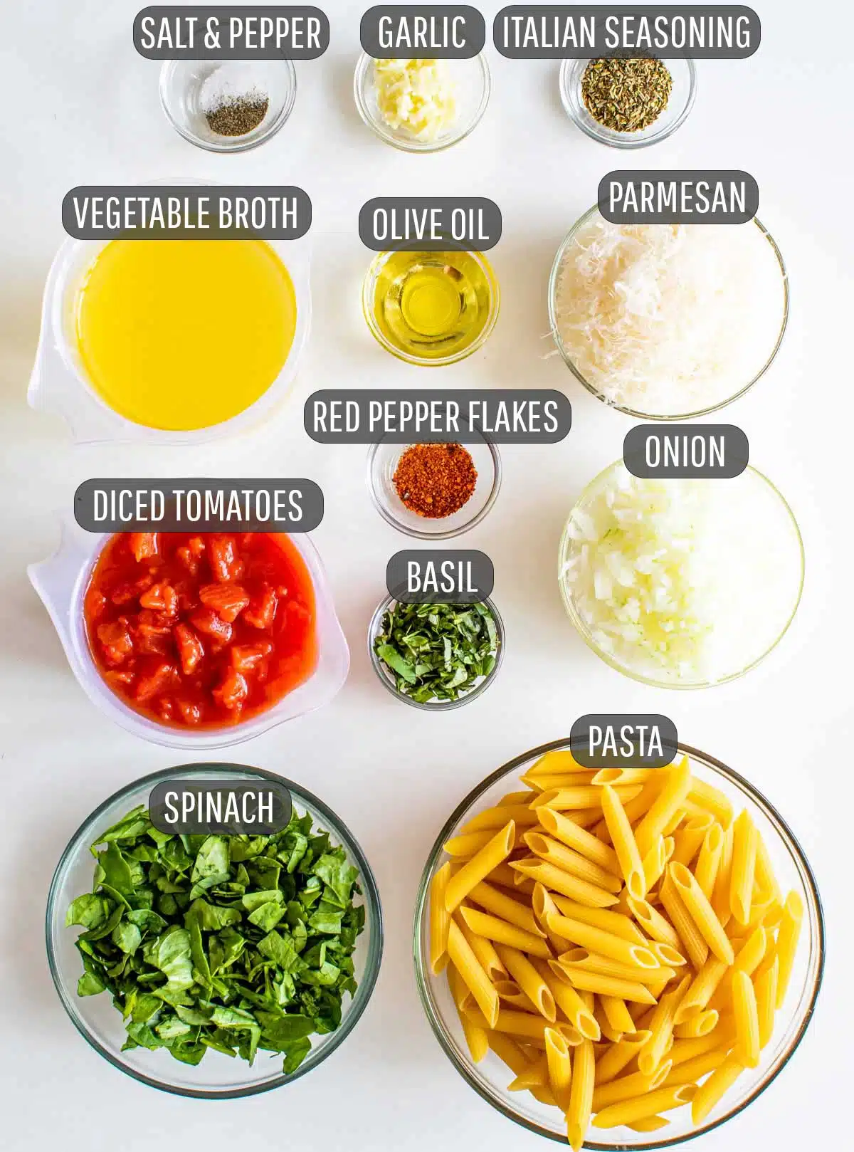 ingredients needed to make one pot tomato basil pasta.