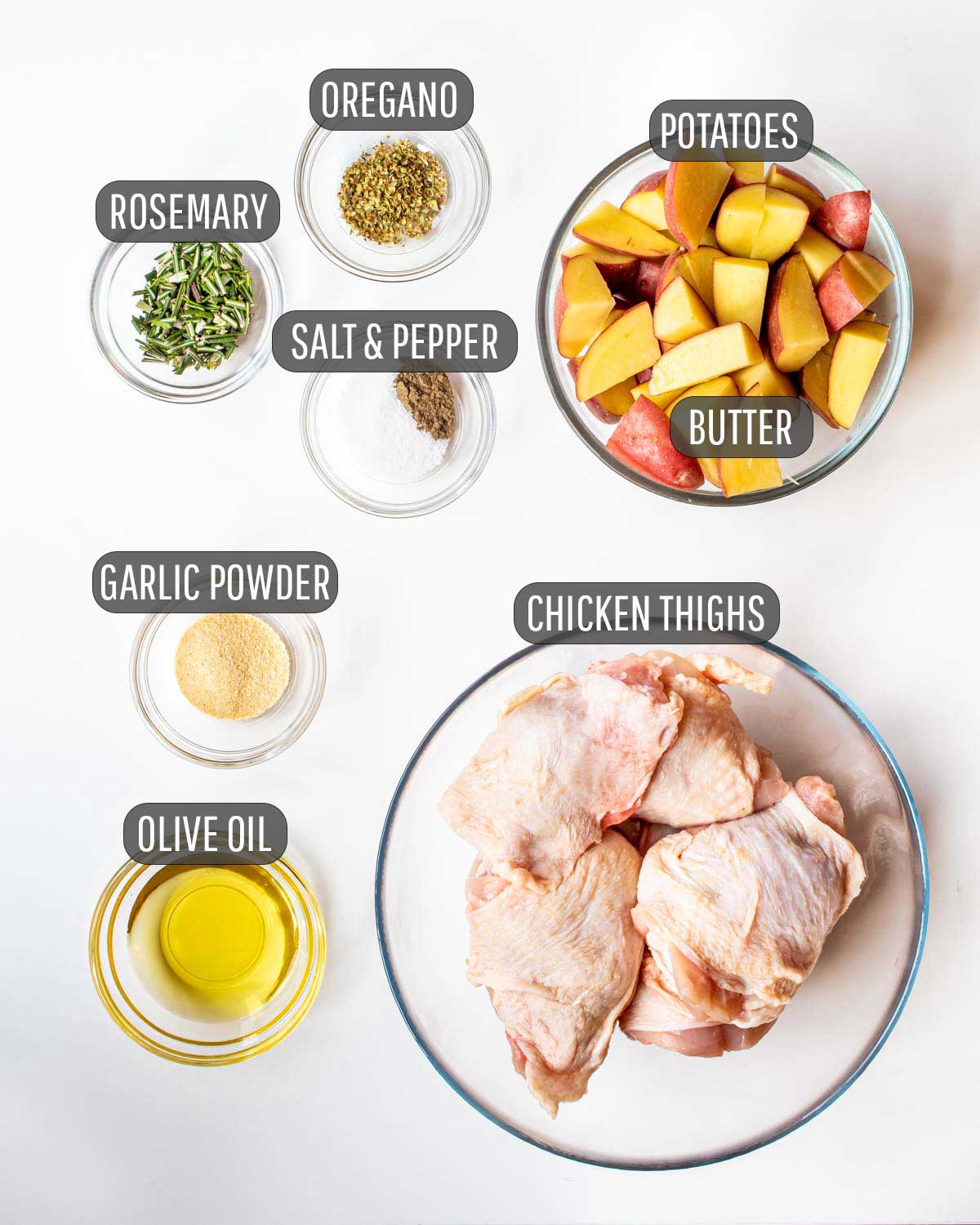 ingredients needed to make rosemary chicken and potatoes.