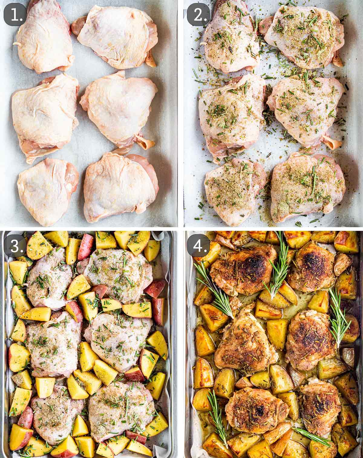 process shots showing how to make rosemary chicken and potatoes on a sheet pan.