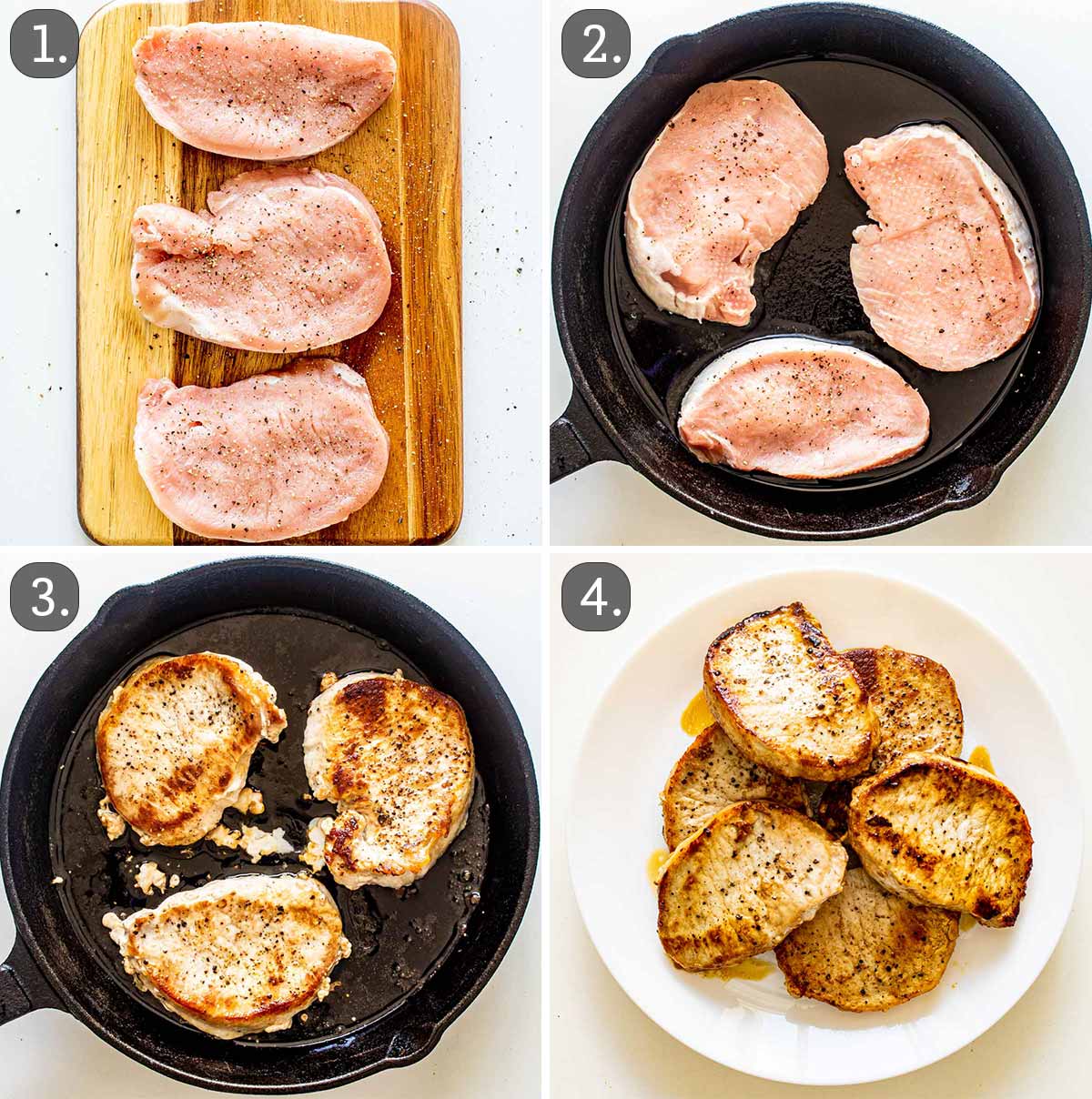 process shots showing how to pan fry pork chops.