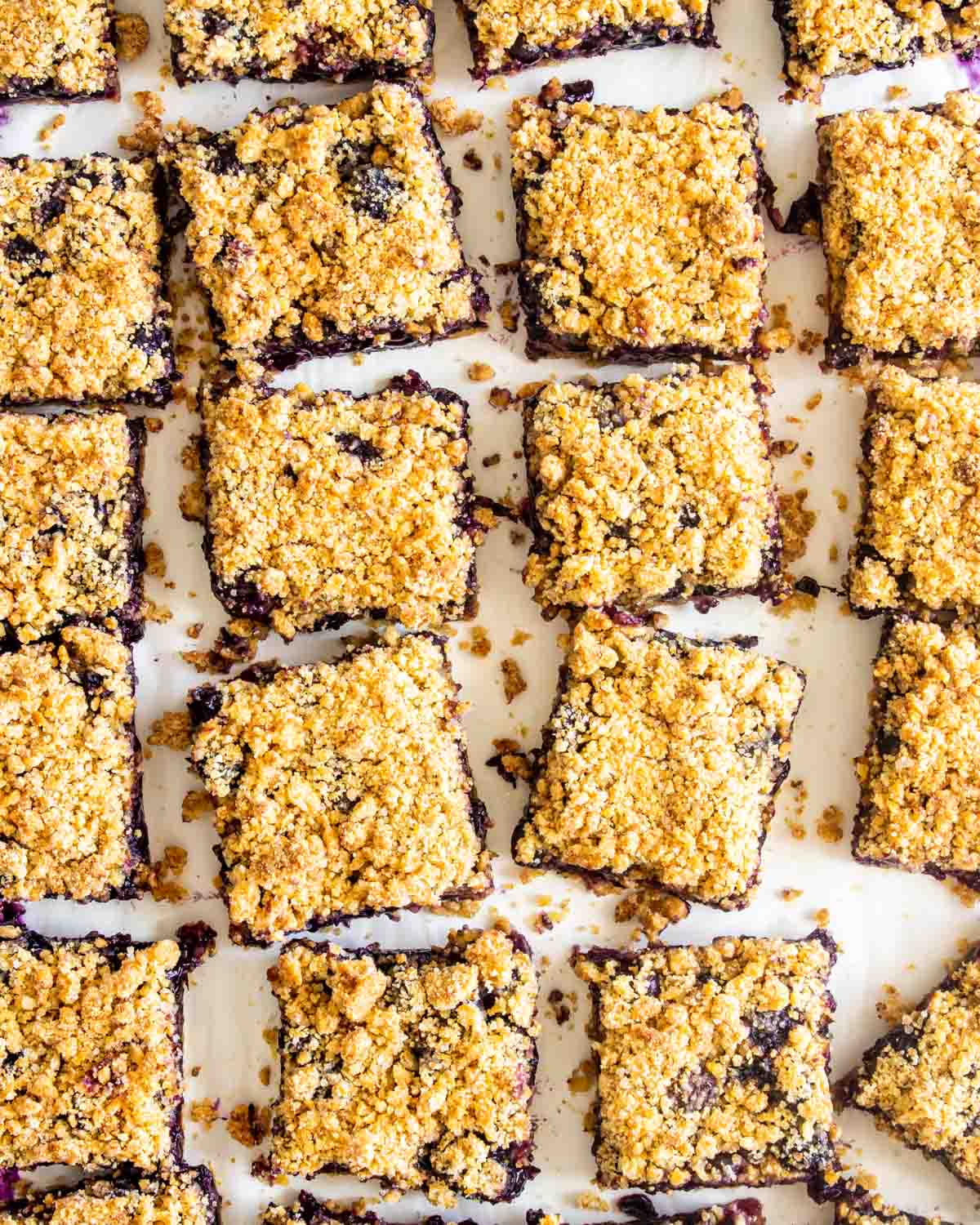 cut up blueberry bars on parchment paper.