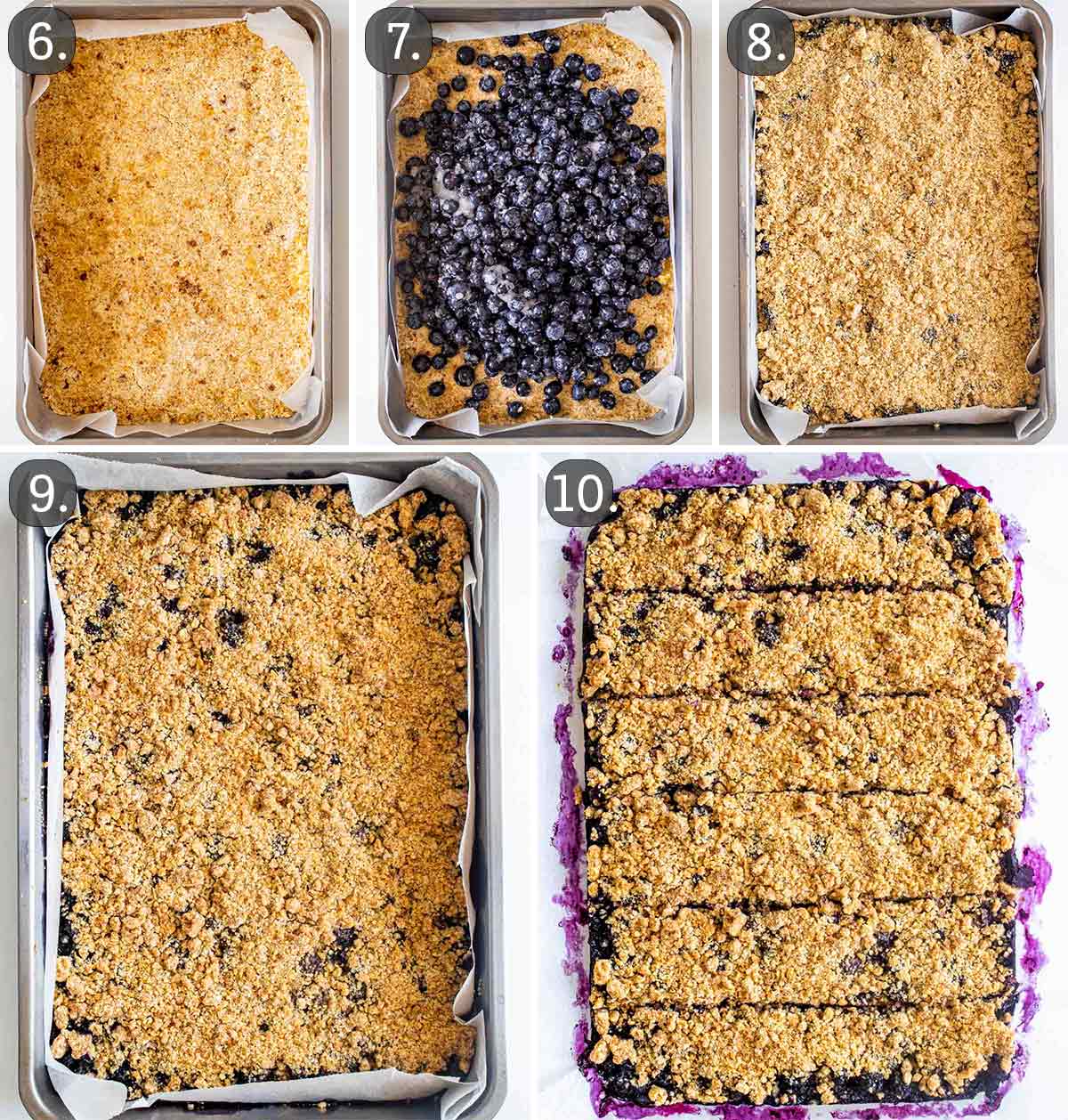 process shots showing how to assemble blueberry bars.