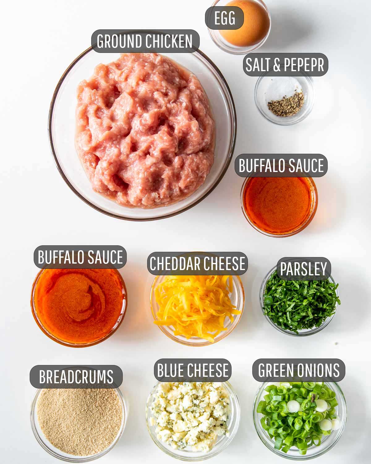 ingredients needed to make buffalo chicken meatballs.