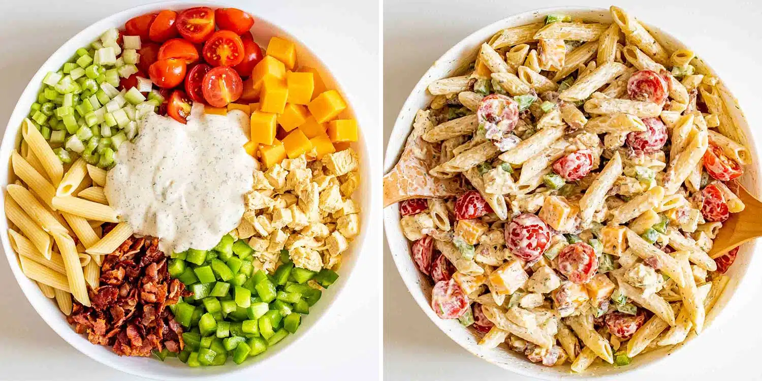 process shots showing how to make chicken club pasta salad.