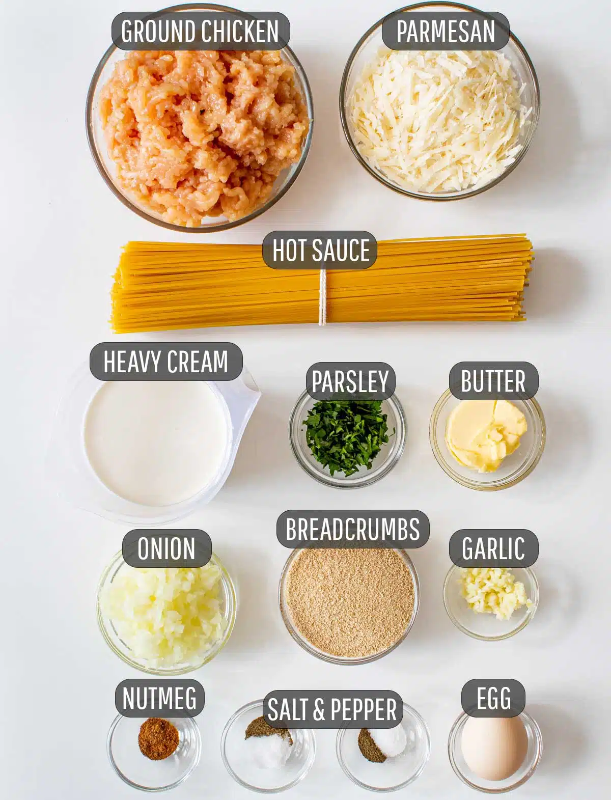 ingredients needed to make chicken meatballs with alfredo sauce and spaghetti.