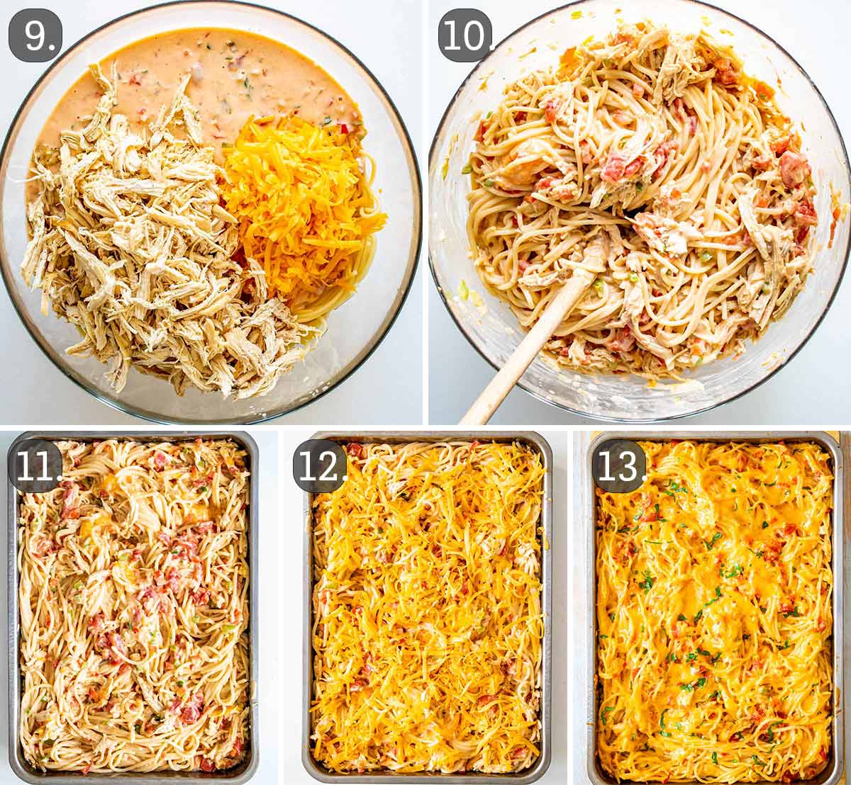 process shots showing how to assemble chicken spaghetti.