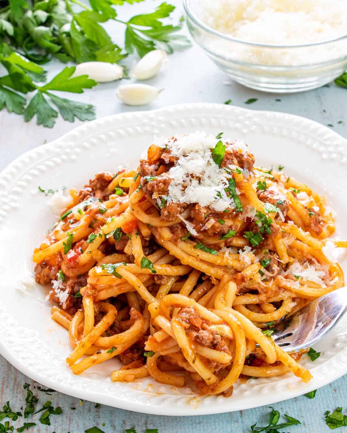 meat spaghetti on a white plate garnished with parsley.