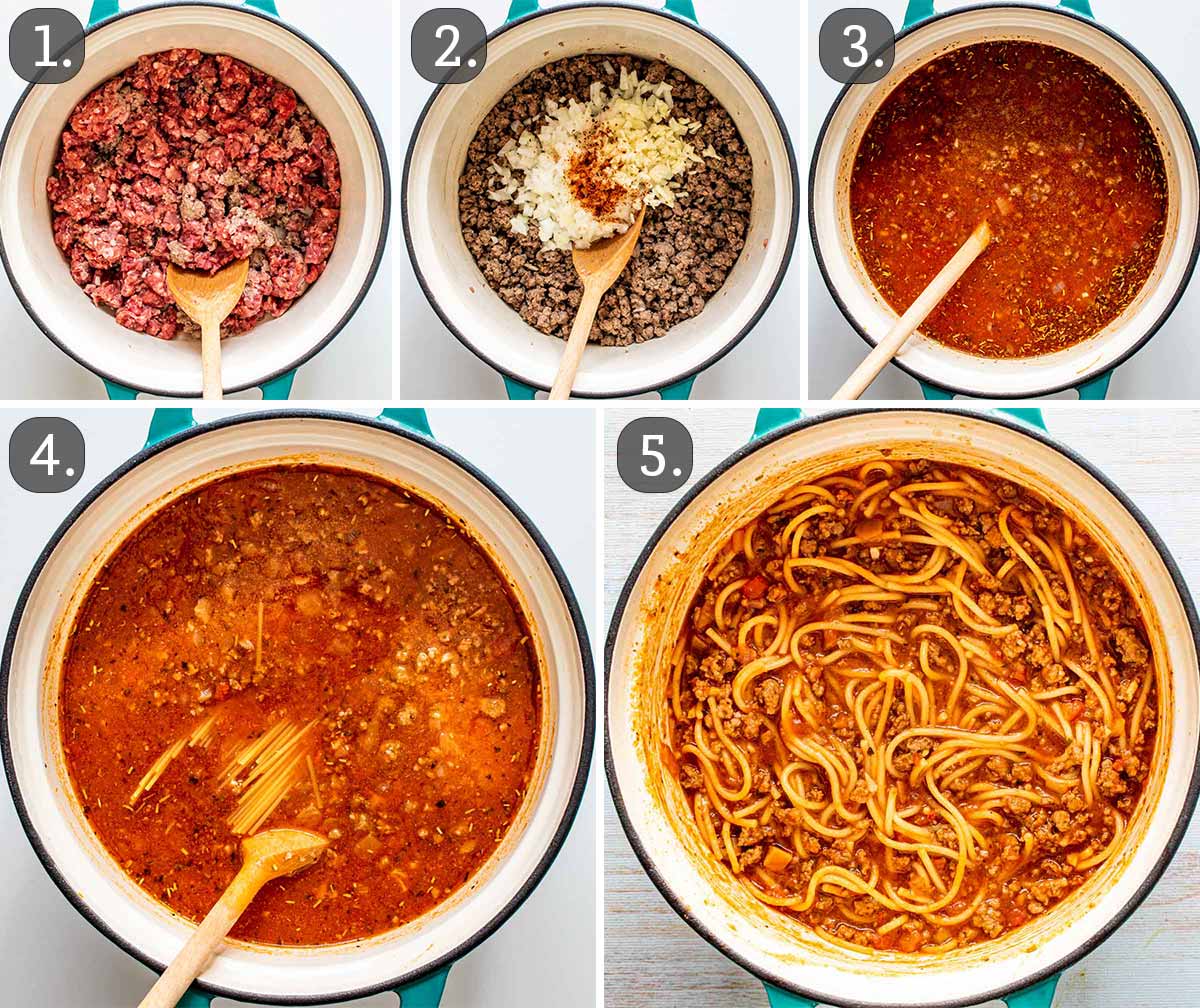 process shots showing how to make one pot spaghetti.