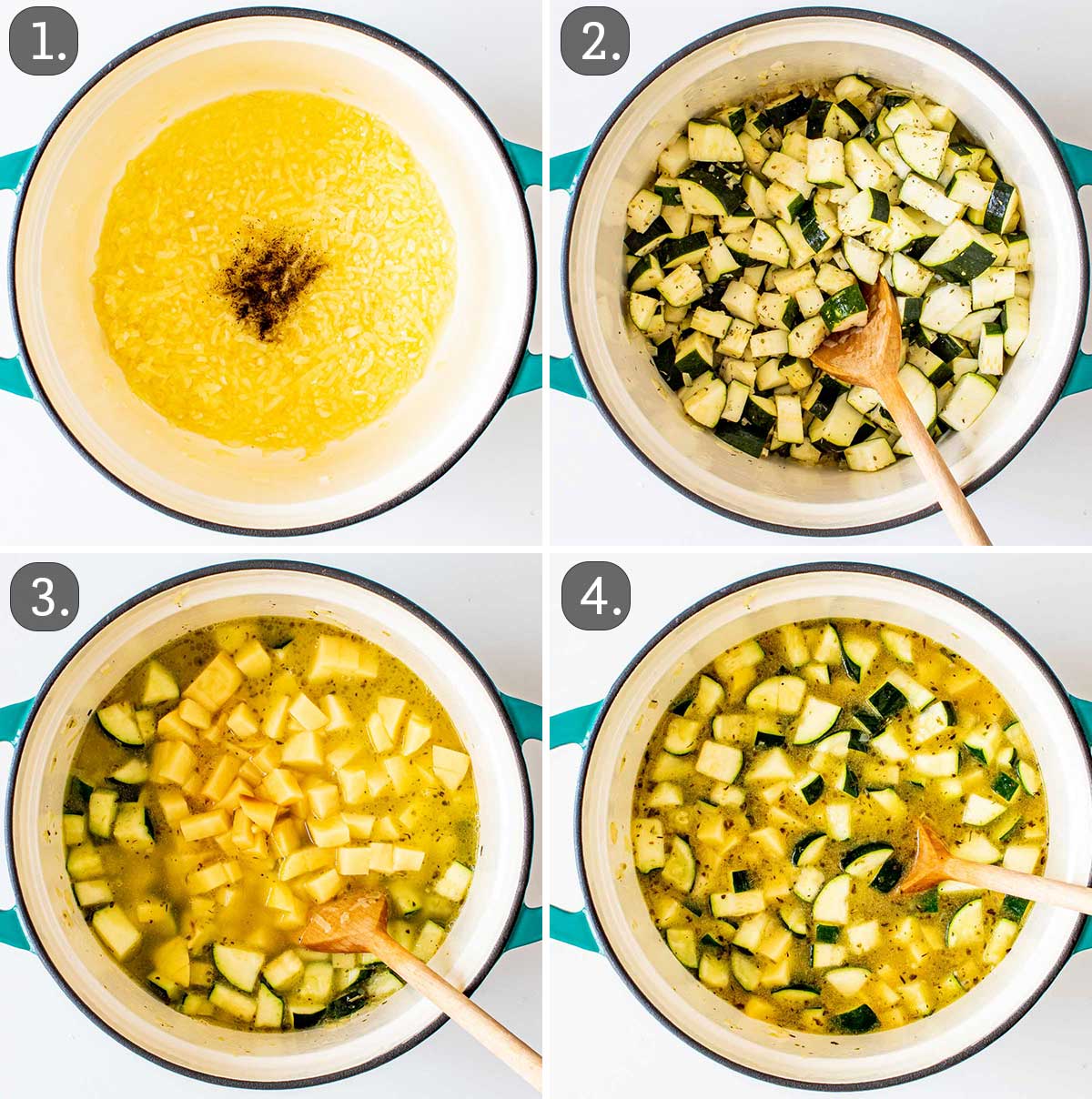 process shots showing how to make zucchini soup.