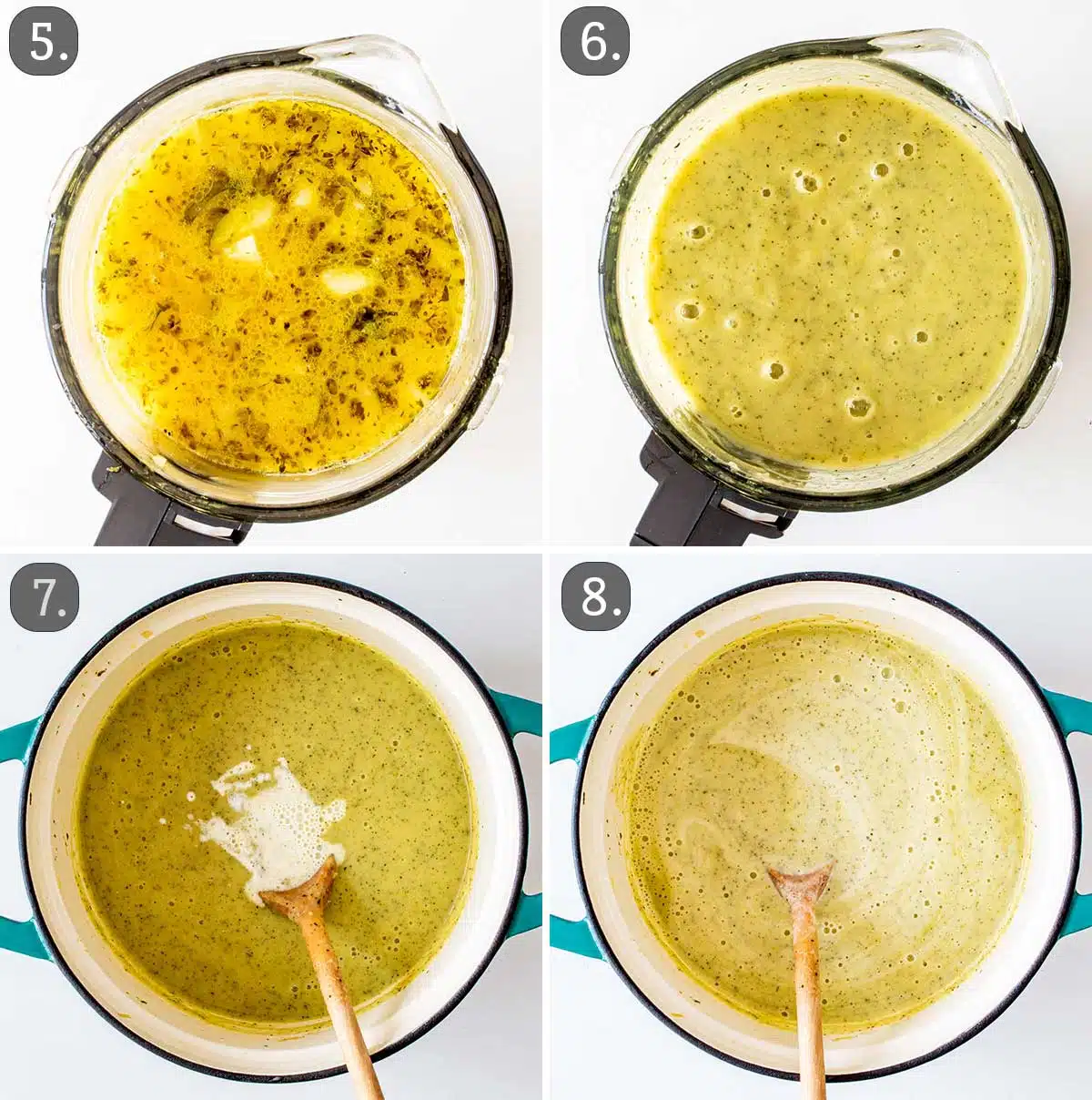 process shots showing how to blend zucchini soup and how to finish making it.