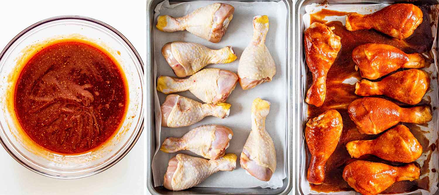 process shots showing how to prep chicken drumsticks with bbq sauce for the oven.