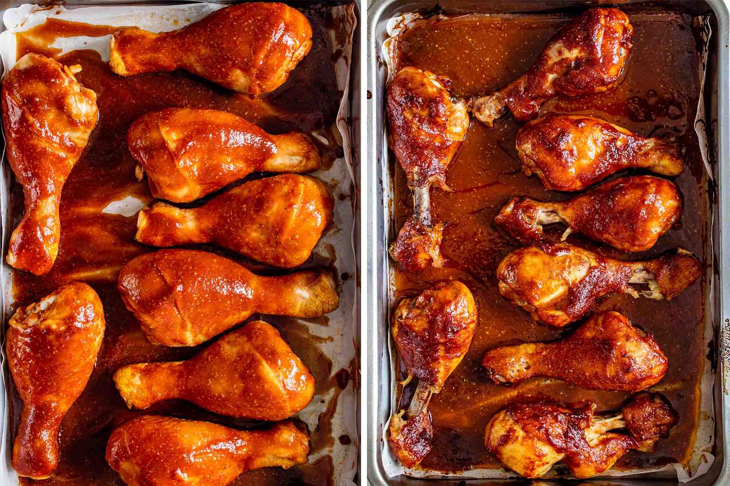 baked bbq chicken drumsticks before and after baking.