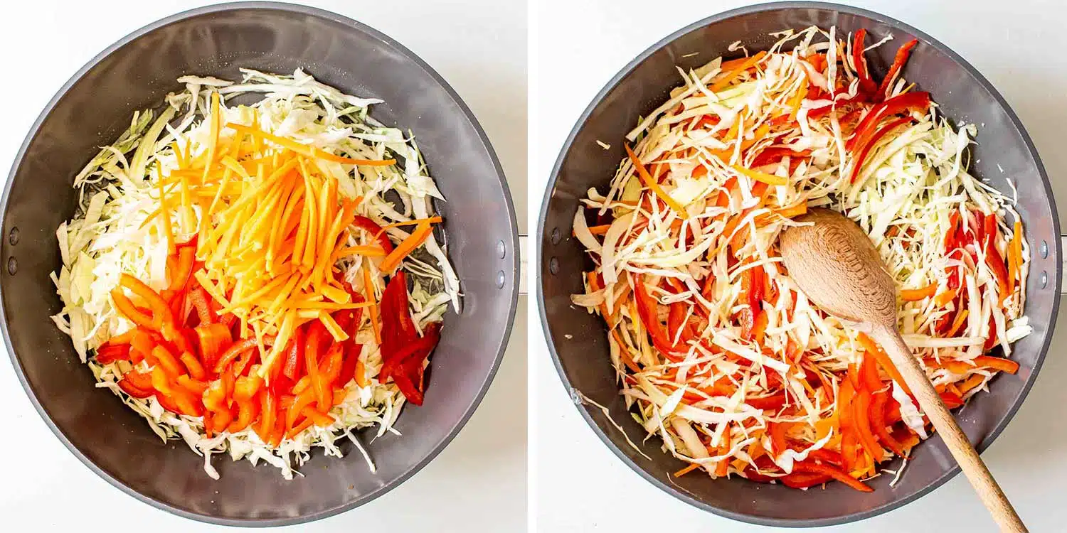 process shots showing how to cook veggies for chow mein.