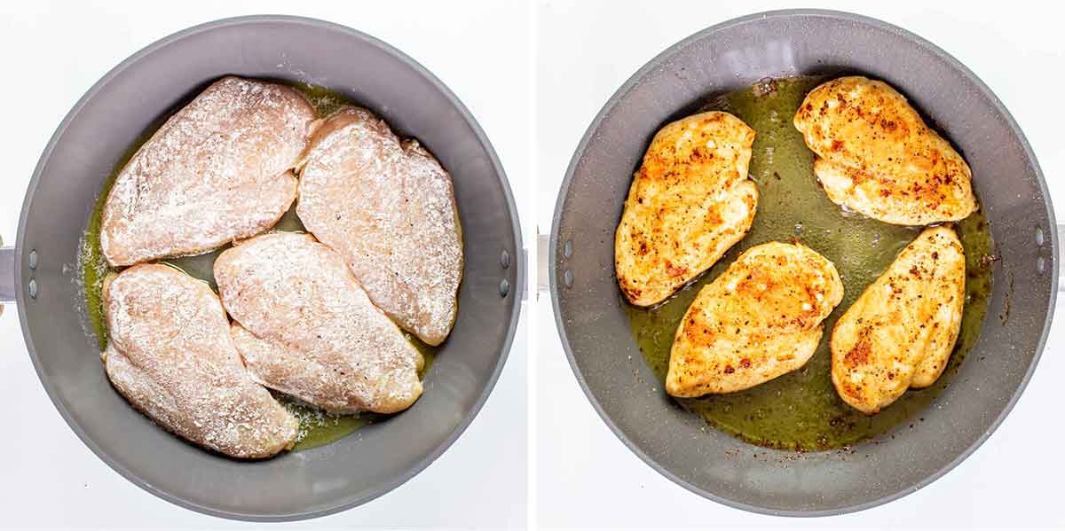 process shots showing how to cook chicken breasts to make creamy chicken piccata.