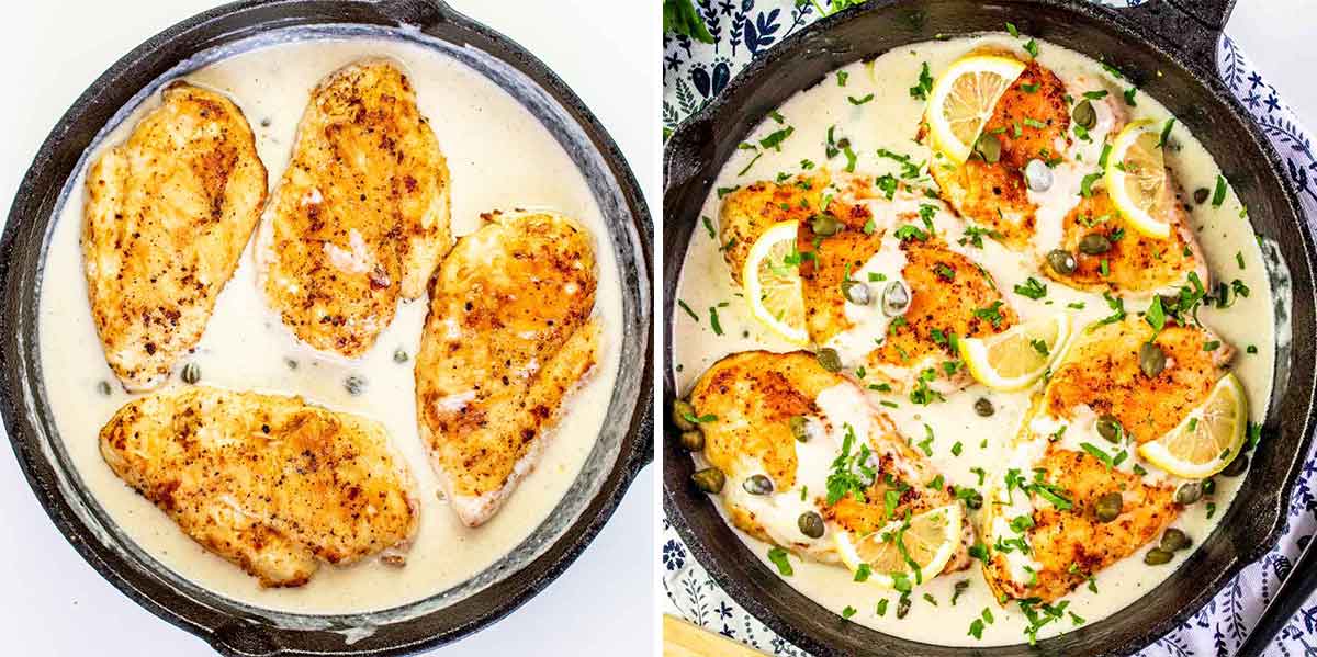 process shots showing how to finish making creamy chicken piccata and how to garnish it.