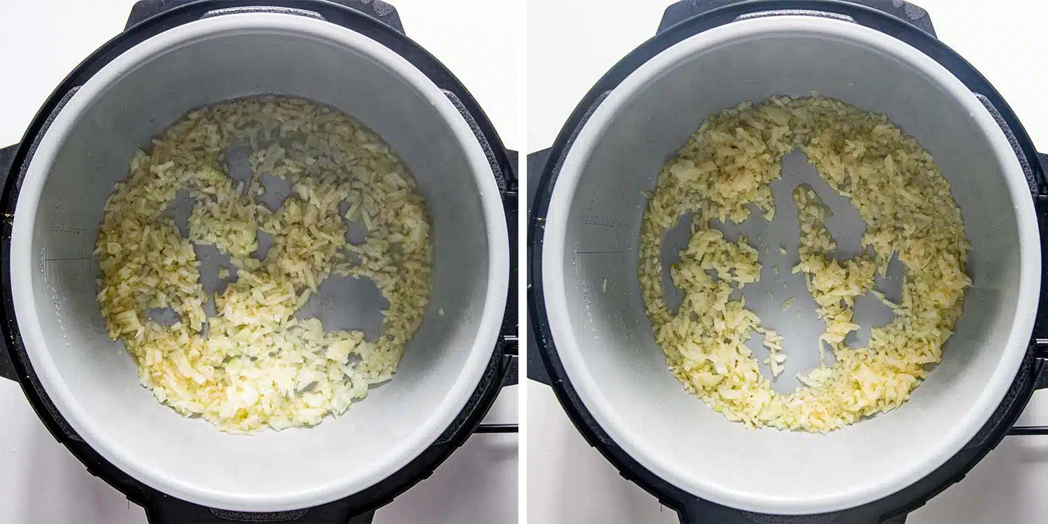 process shots showing how to make creamy potato sausage soup in the instant pot.