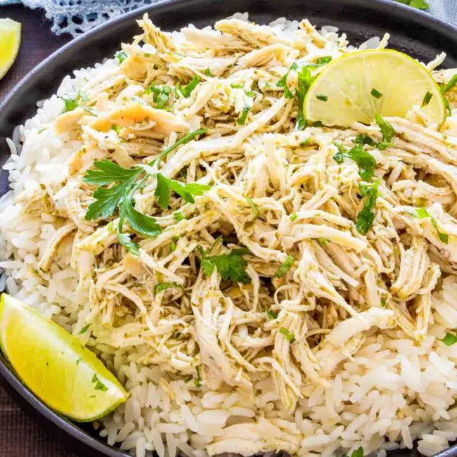 shredded cilantro lime chicken over a bed of rice.