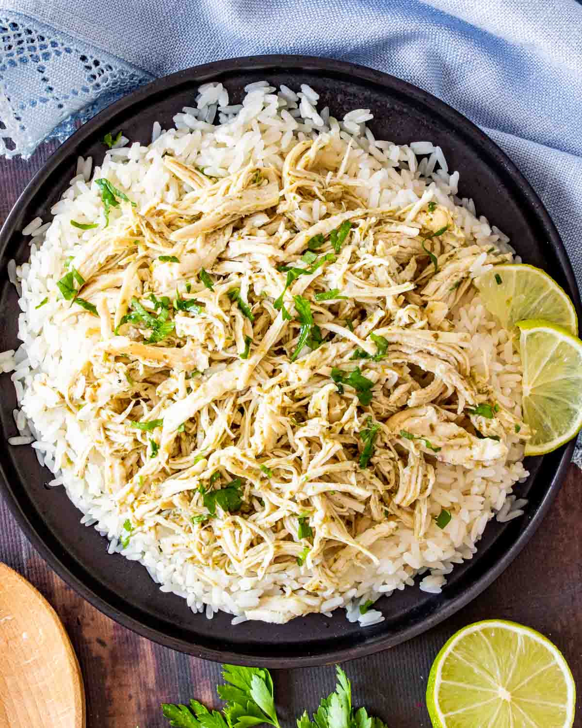 shredded cilantro lime chicken over a bed of rice.