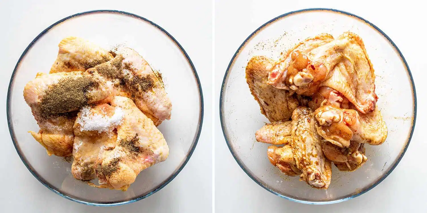 process shots showing how to season chicken wings to make thai chicken wings.