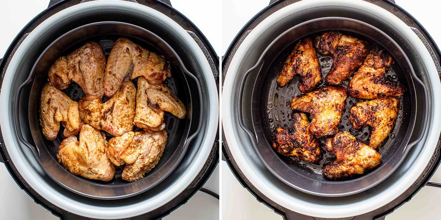process shots showing how to air fry thai chicken wings.