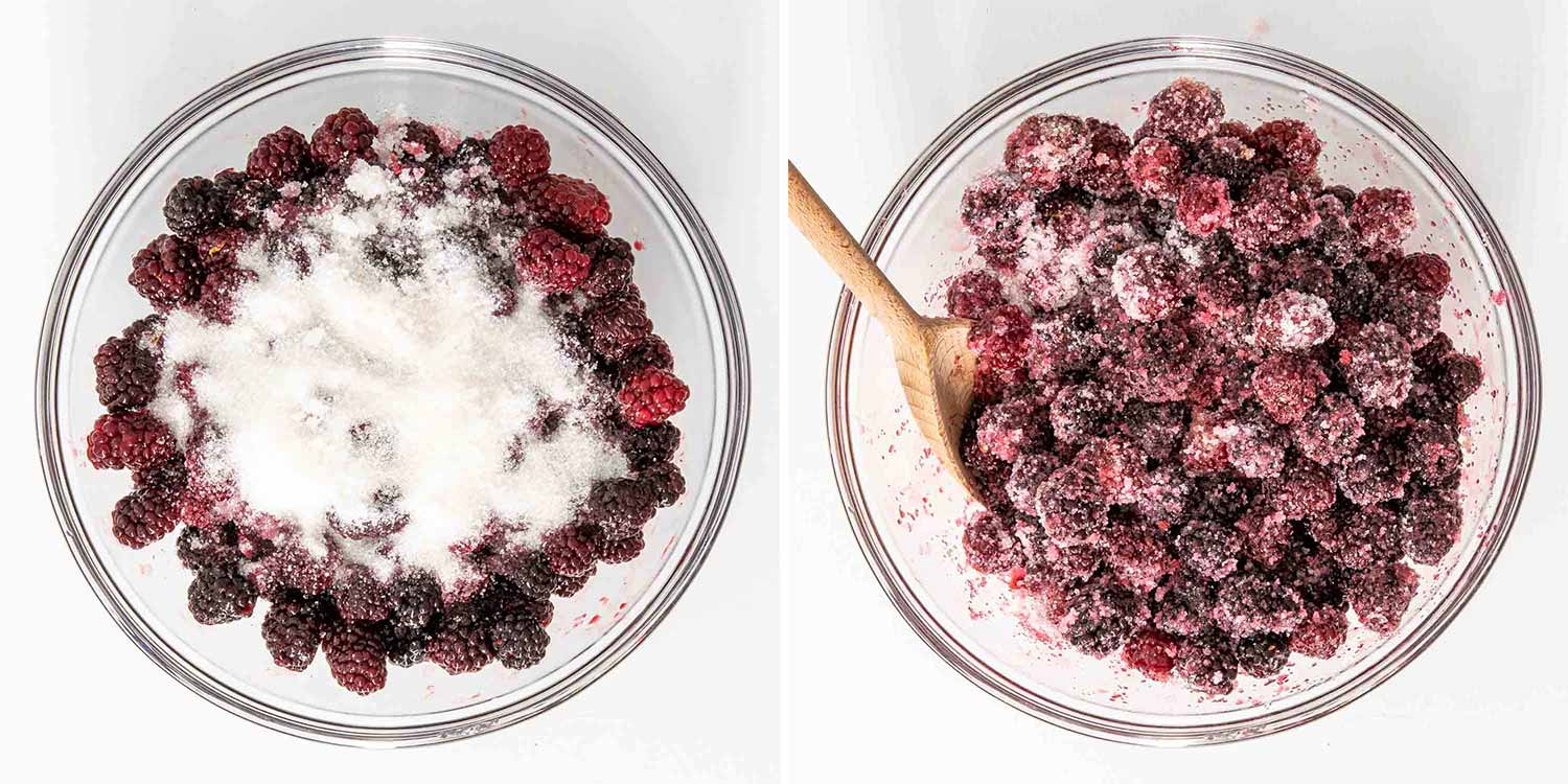 process shots showing how to make blackberry cobbler.