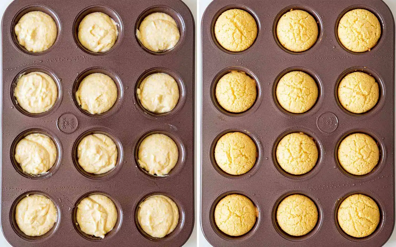 process shots showing how to bake cornbread muffins.