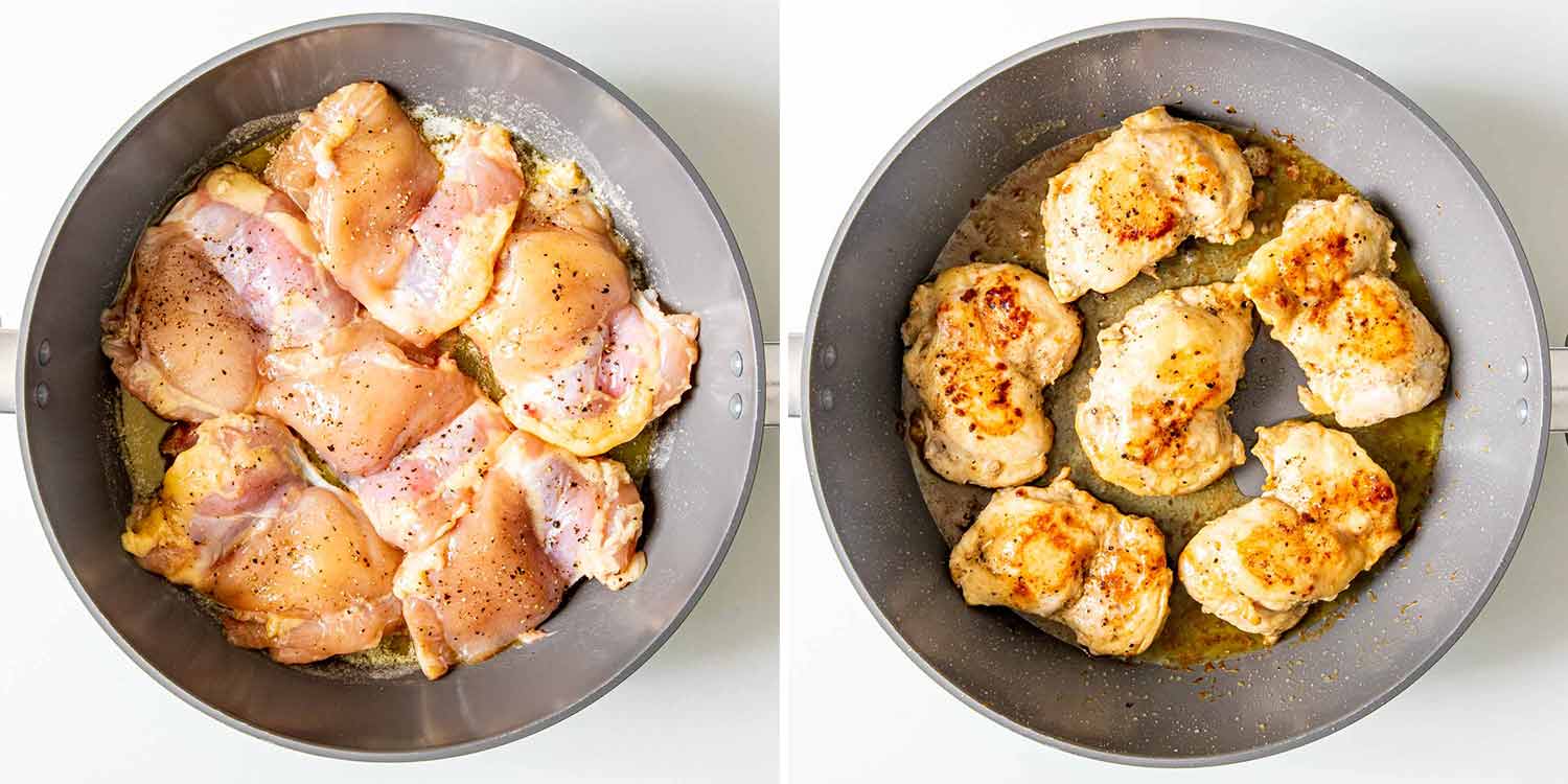 process shots showing how to sear chicken thighs.