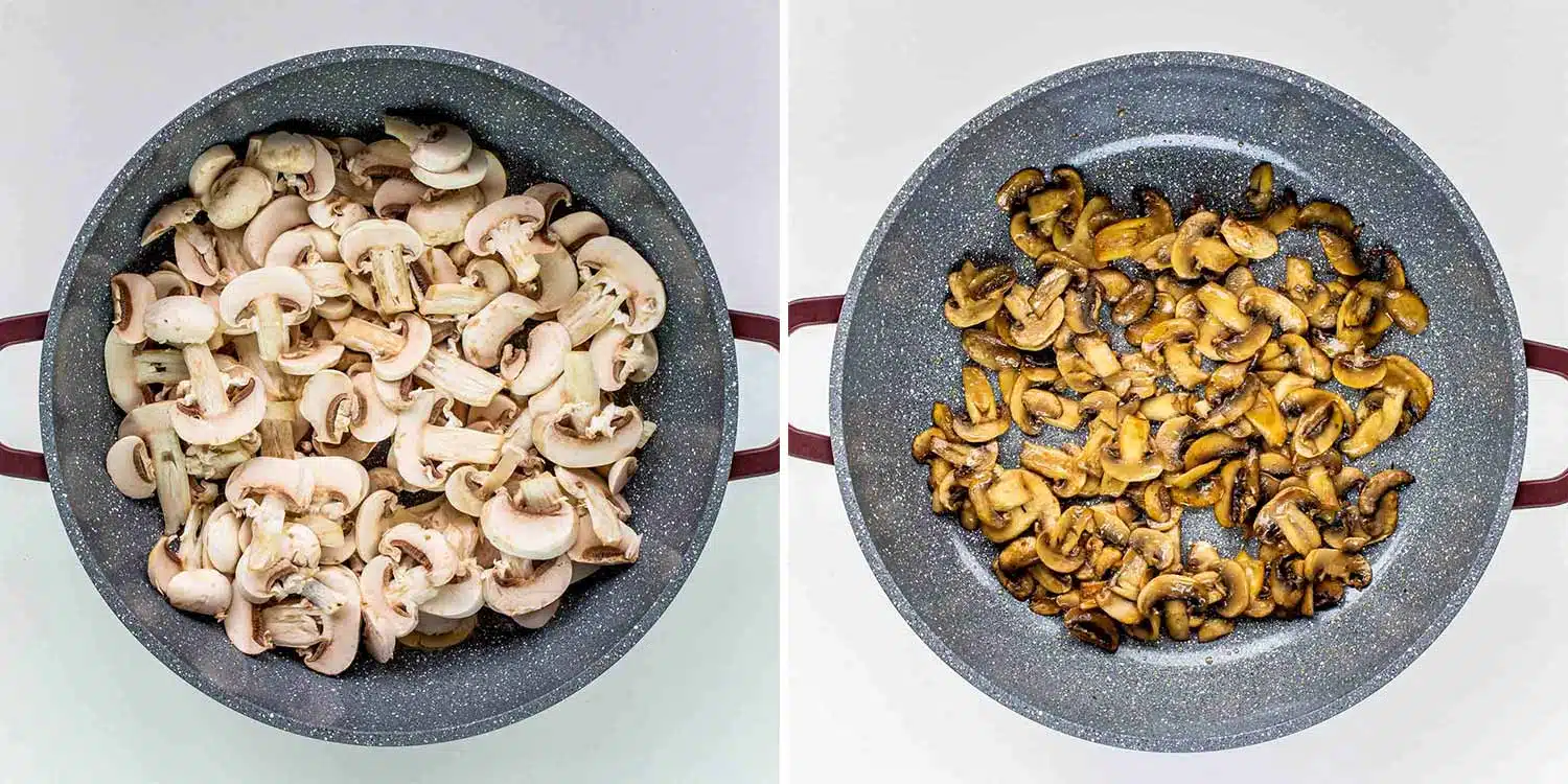 process shots showing how to make mushroom pasta.