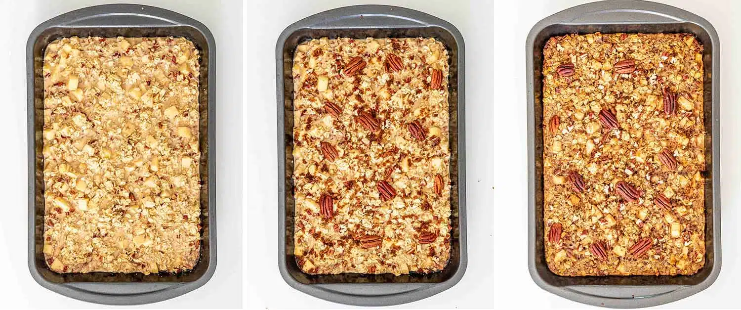 process shots showing how to make apple pie baked oatmeal.