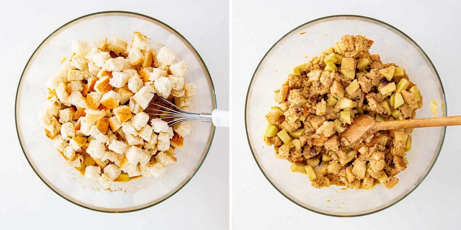 process shots showing how to make apple pie bread pudding.