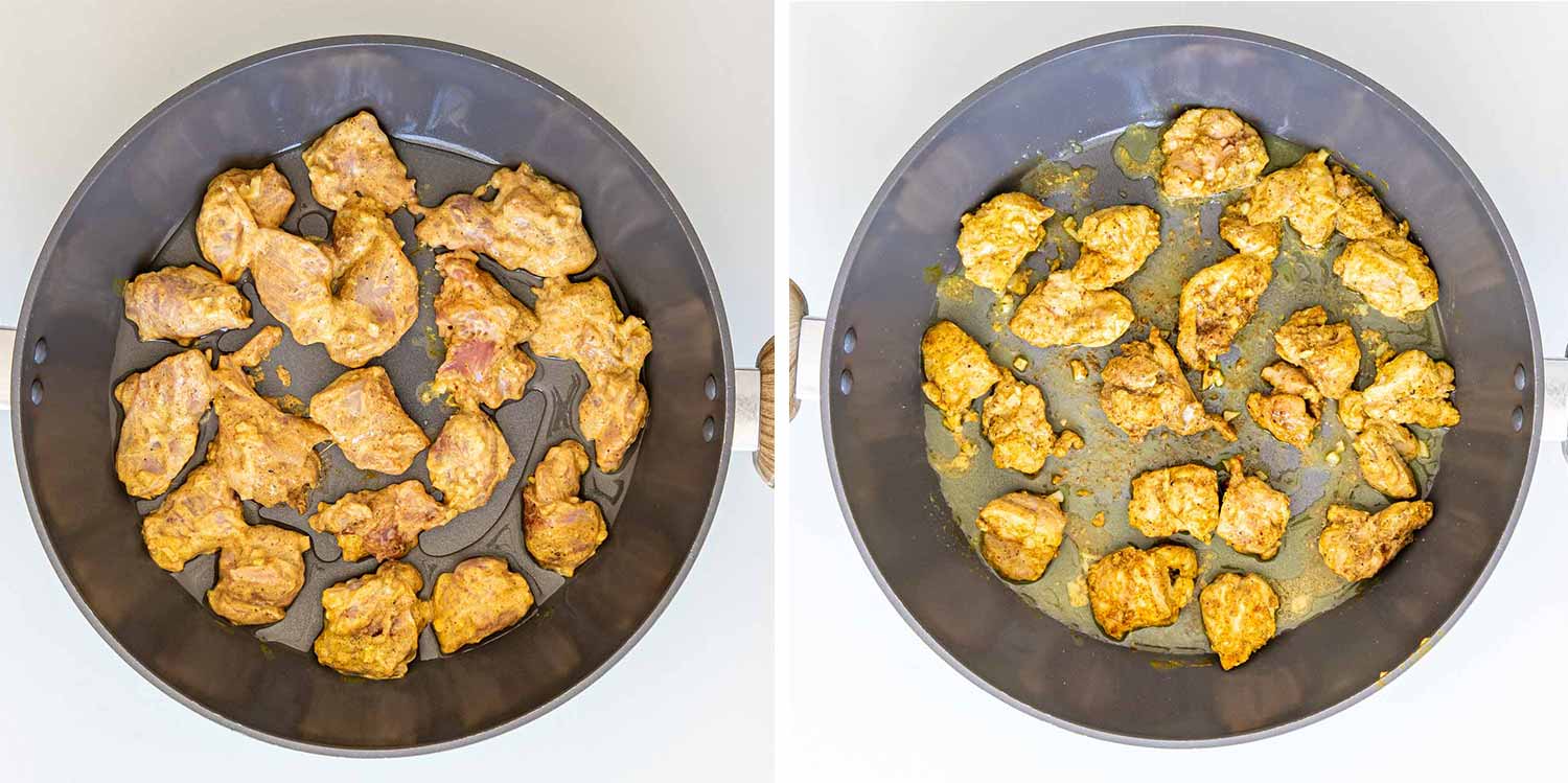 process shots showing how to make chicken tikka masala.