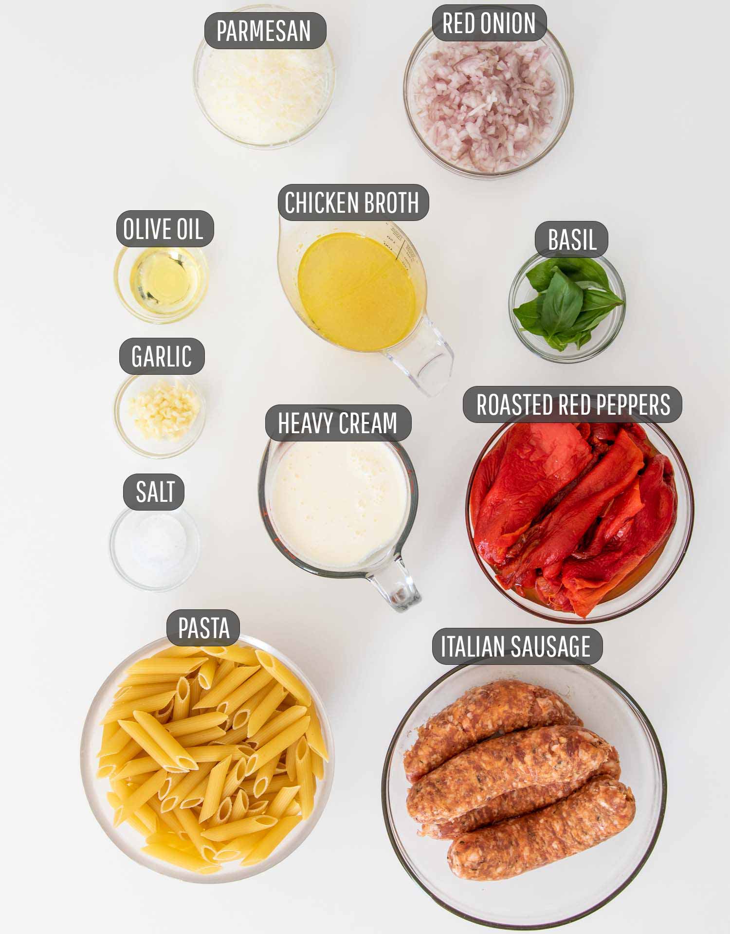 ingredients needed to make creamy red pepper sausage pasta.