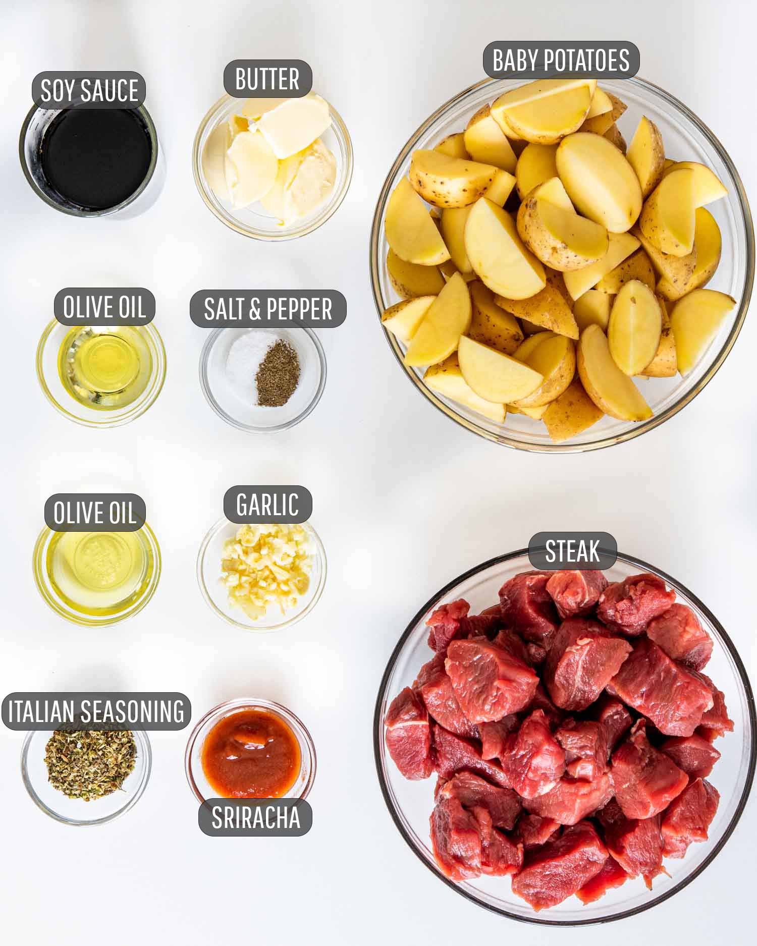 ingredients needed to make garlic butter steak and potatoes.