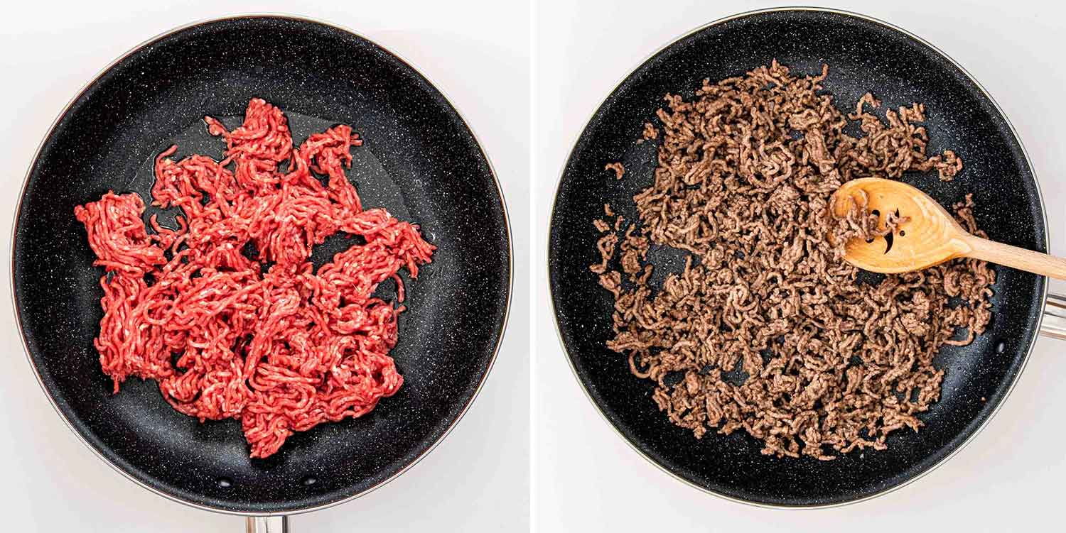 process shots showing how to make asian ground beef noodles.