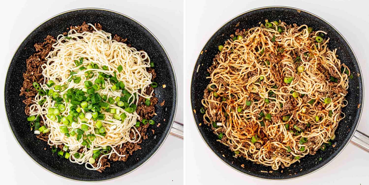 process shots showing how to make asian ground beef noodles.