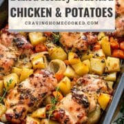 pin for baked honey mustard chicken with potatoes.