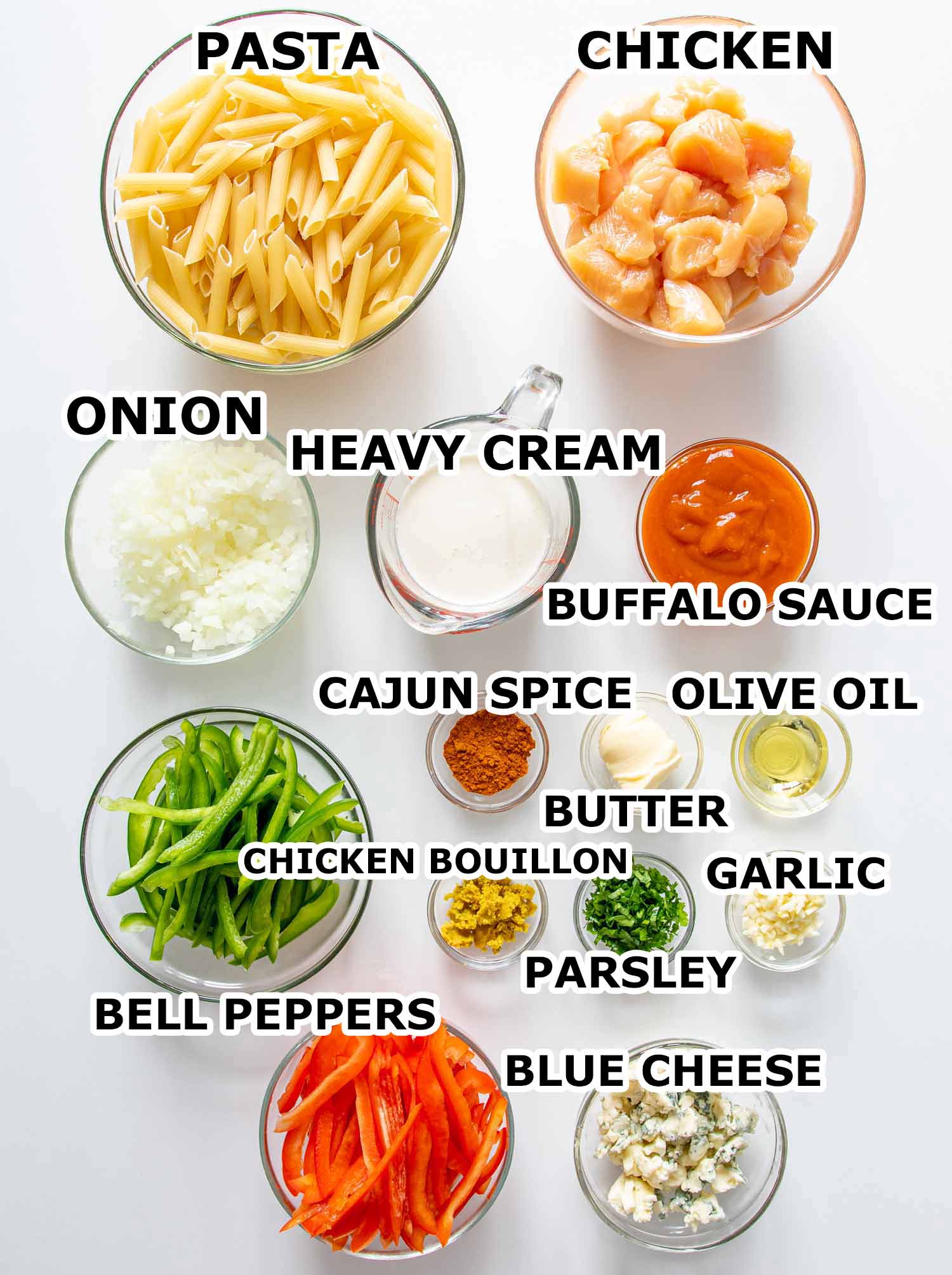 ingredients needed to make buffalo chicken pasta.