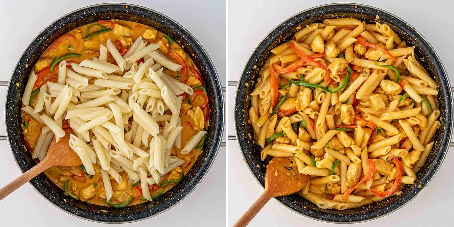 process shots showing how to cook buffalo chicken pasta.