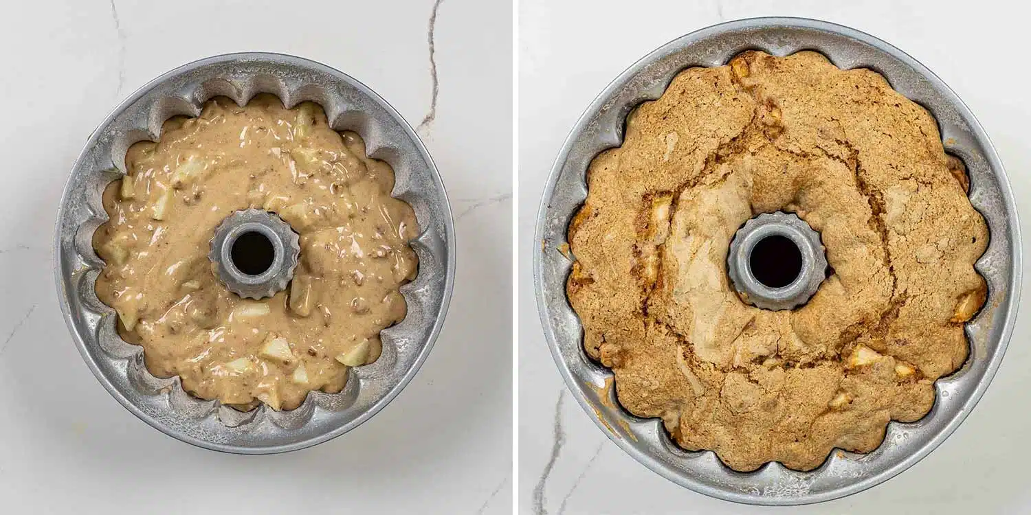 process shots showing how to make caramel apple cake.