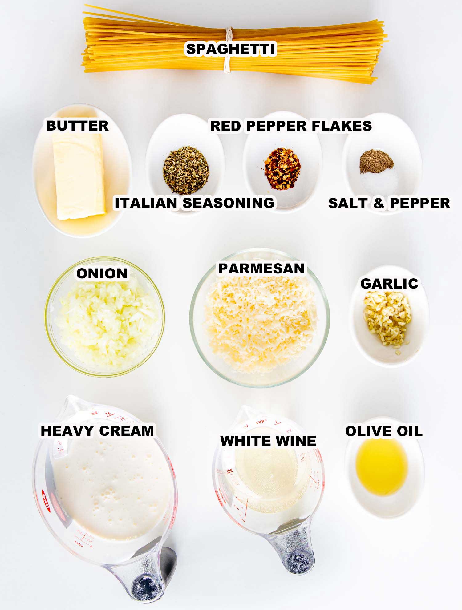 ingredients needed to make creamy garlic butter spaghetti.
