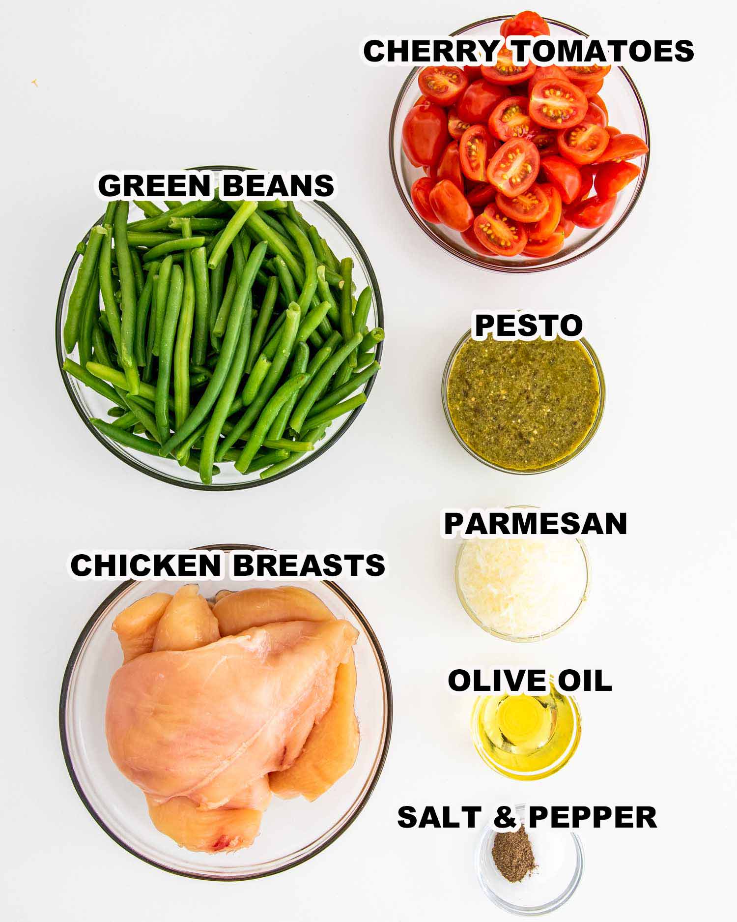 ingredients needed to make pesto chicken and veggies.