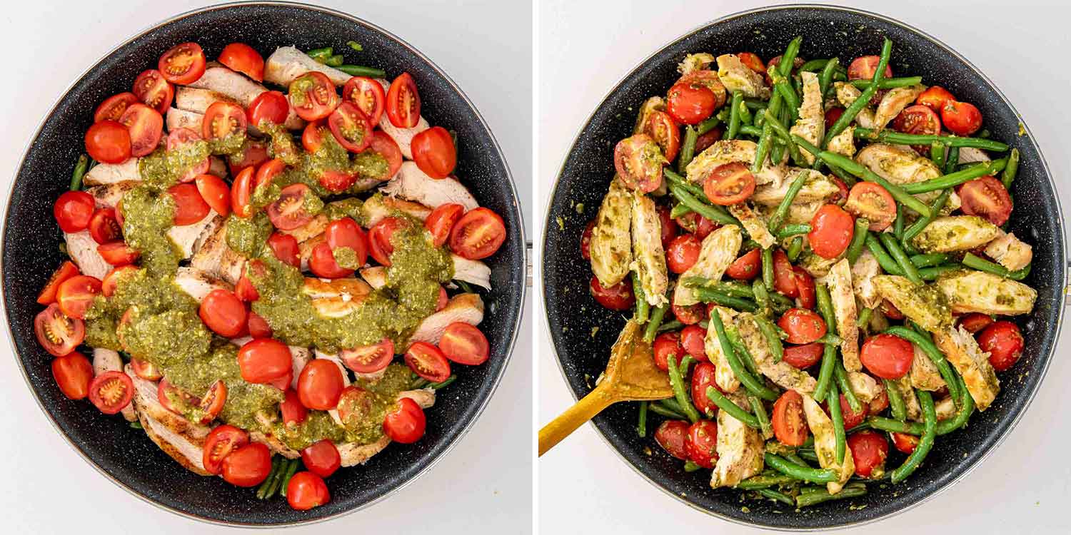 process shots showing how to make pesto chicken and veggies.