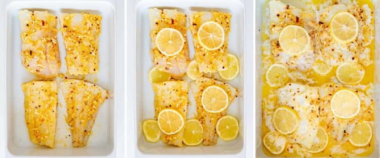 process shots showing how to make baked lemon butter cod.