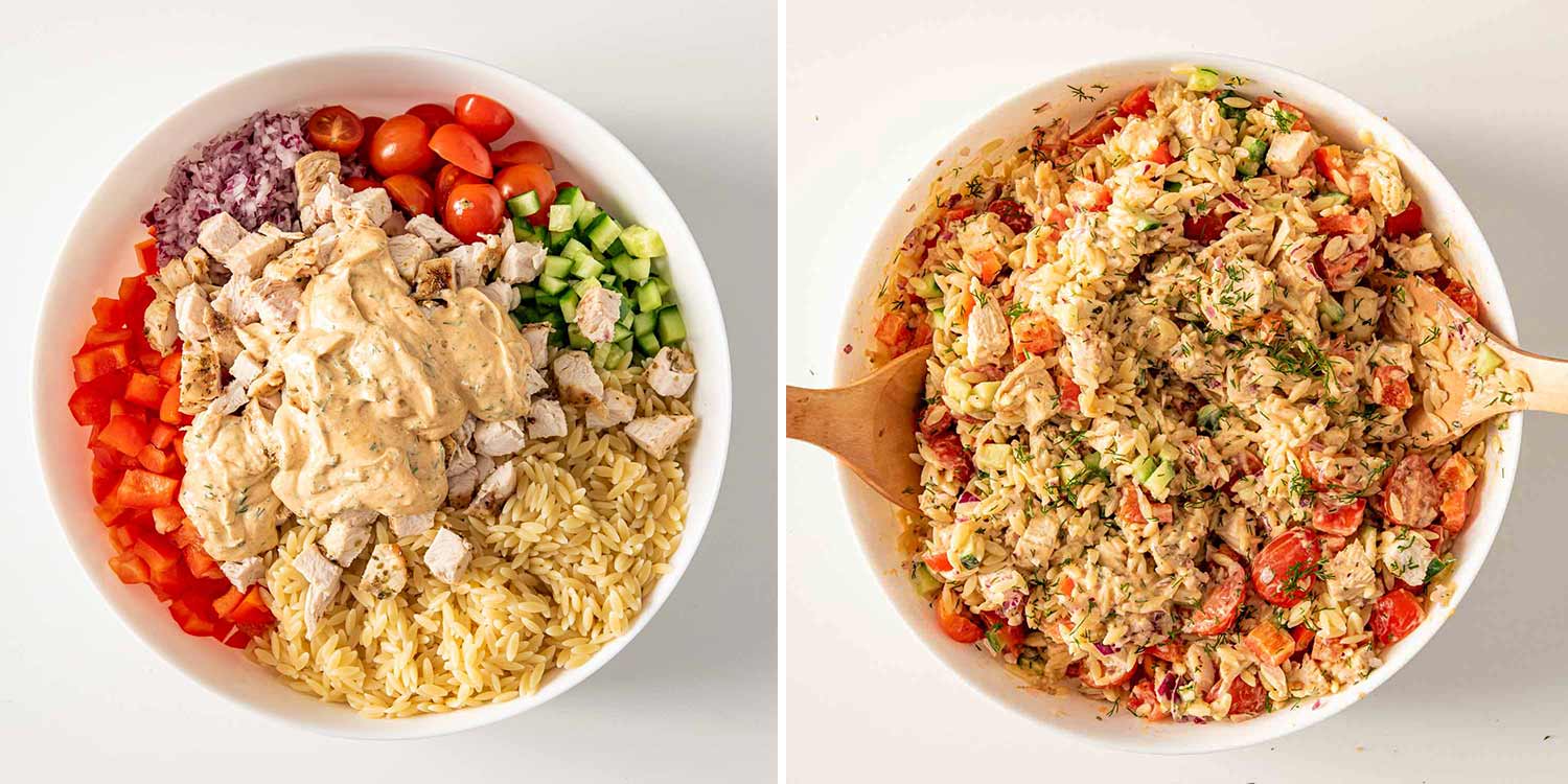 process shots showing how to make chicken orzo pasta salad.