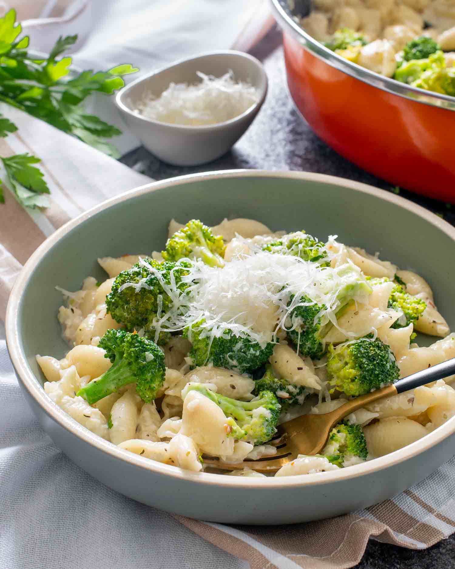 a serving of creamy broccoli pasta in a bowl garnished with parmesan cheese.